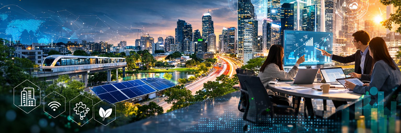 Futuristic smart city cityscape with digital network overlays and connected infrastructure